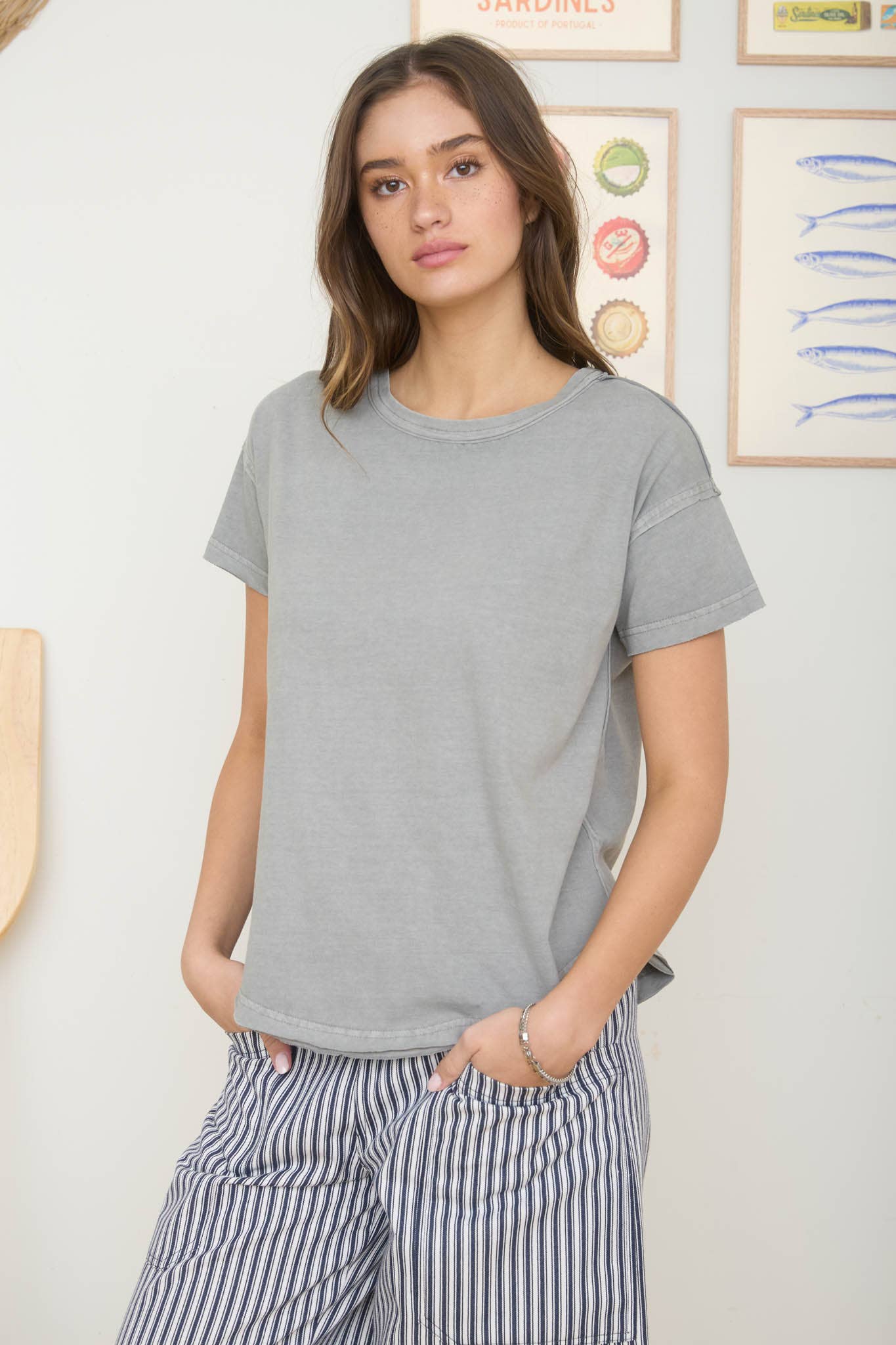 Exposed Seam Short Sleeve Knit Top