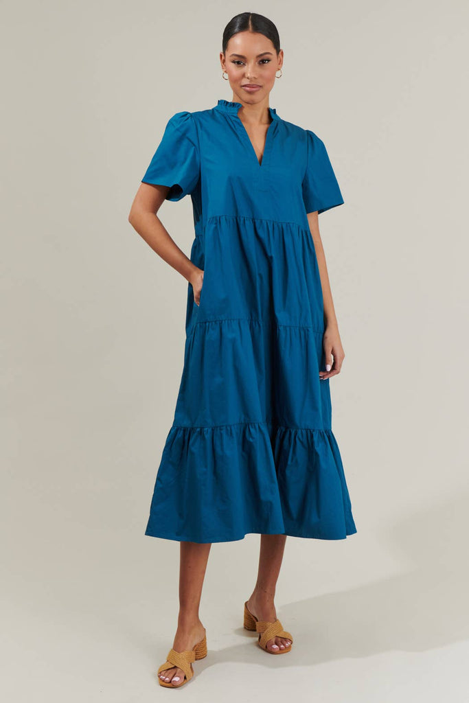 Teal Cotton Tiered Midi Dress with Pockets
