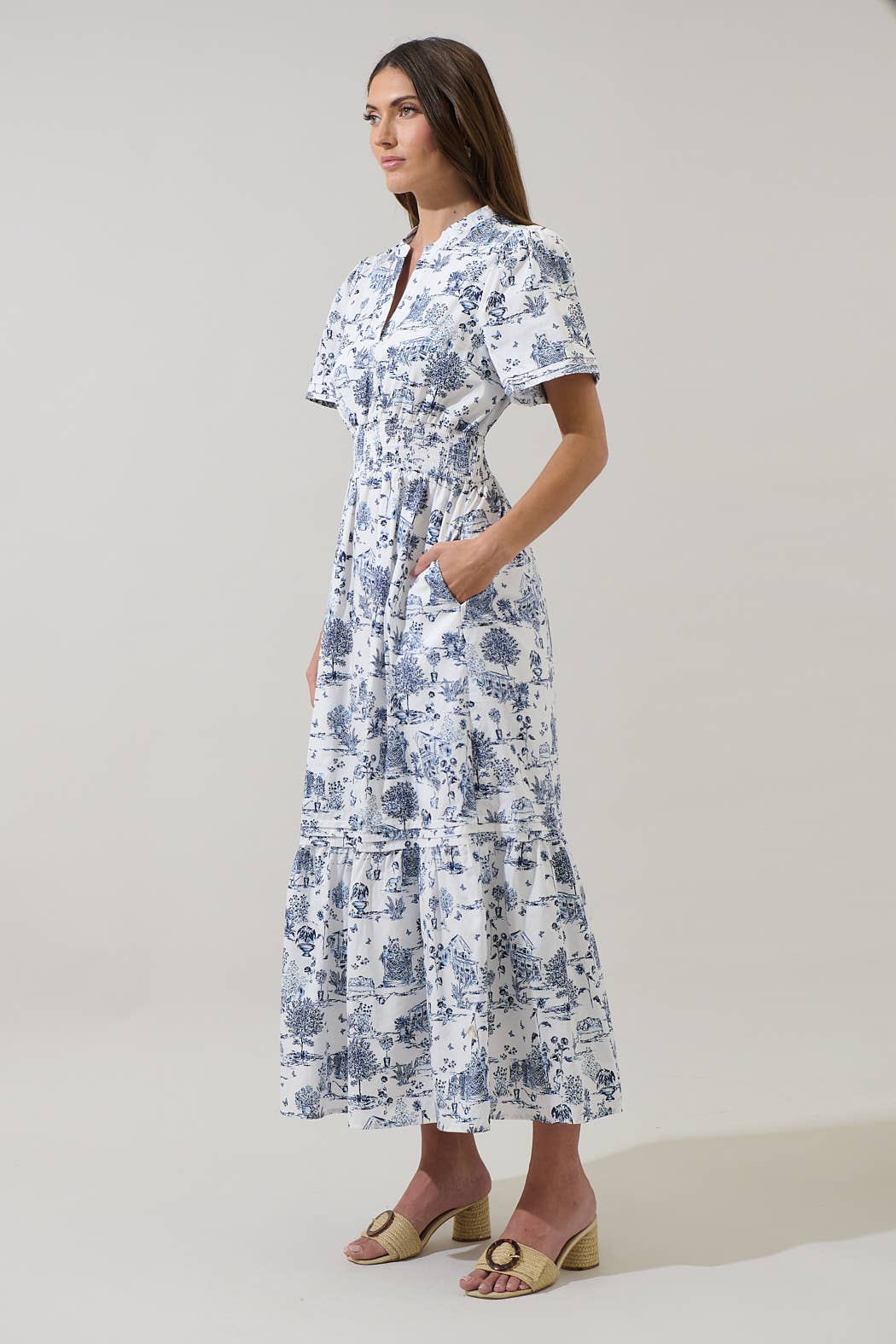 Navy Blue White Toile Poplin Maxi Dress