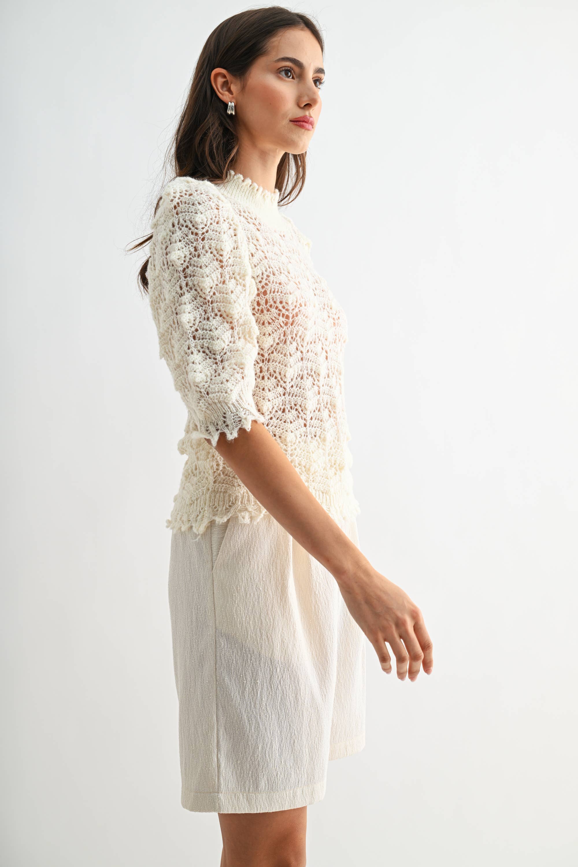 Crochet Knit Puff Sleeve Top
