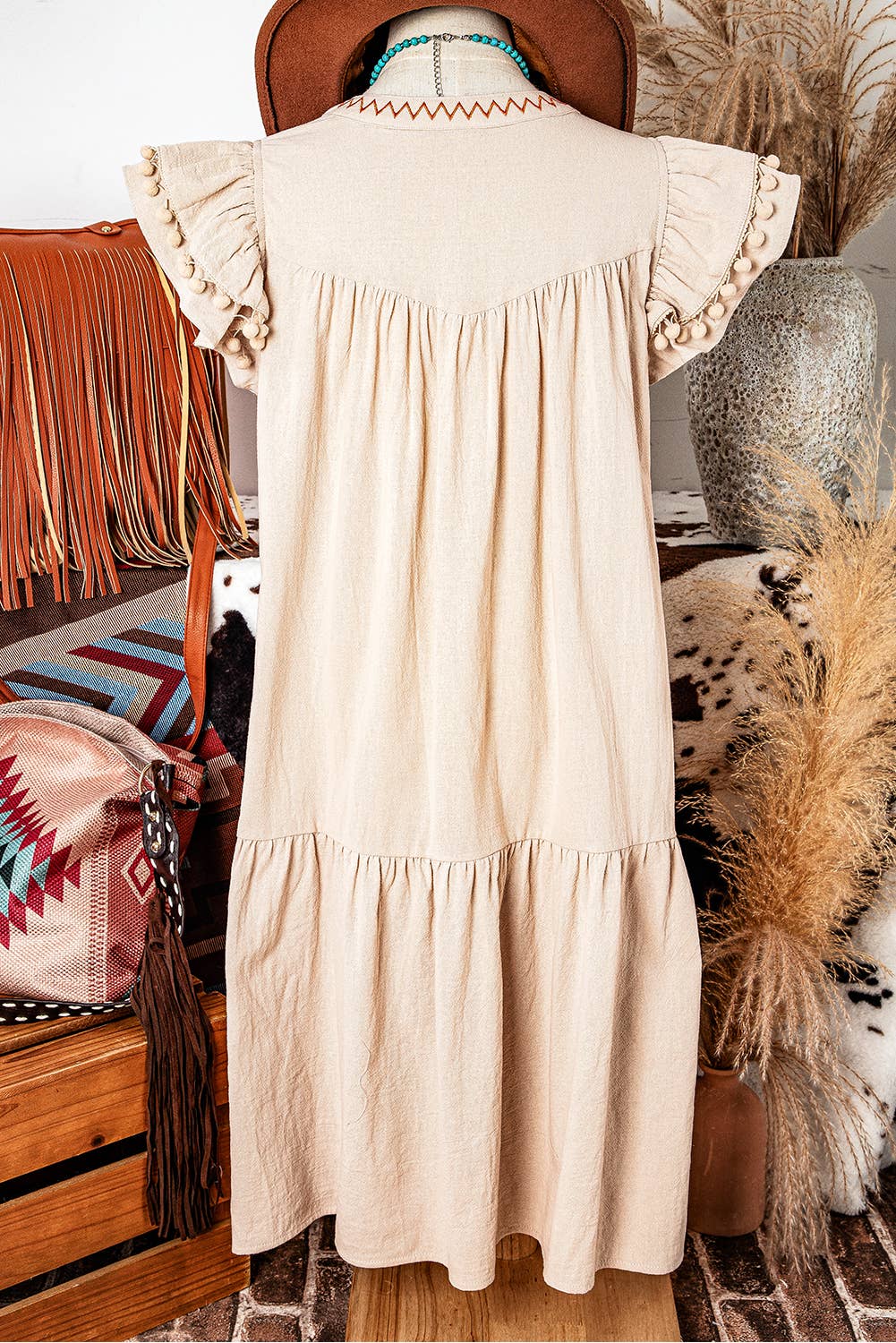 Linen Embroidery Pom Pom Ruffle Sleeves Flowy Short Dress