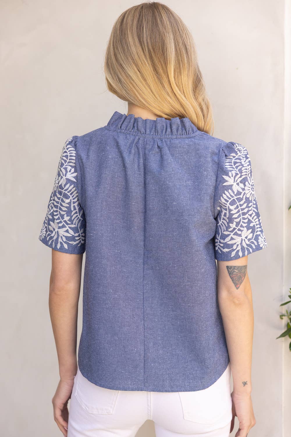 Chambray Floral Embroidered Sleeve Top