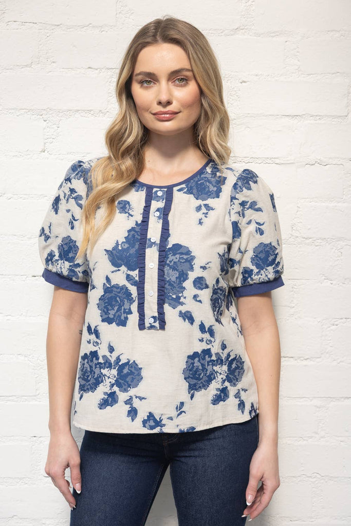 Blue Floral Jacquard Short Sleeve Top