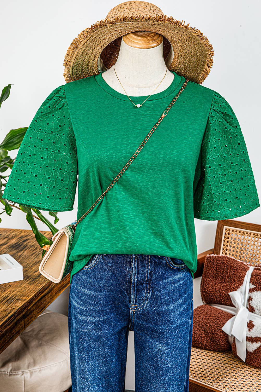 Green Eyelet Puff Sleeve Top
