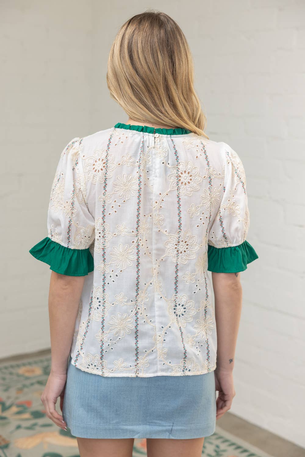 Ruffled Detail Floral Eyelet Embroidered Top