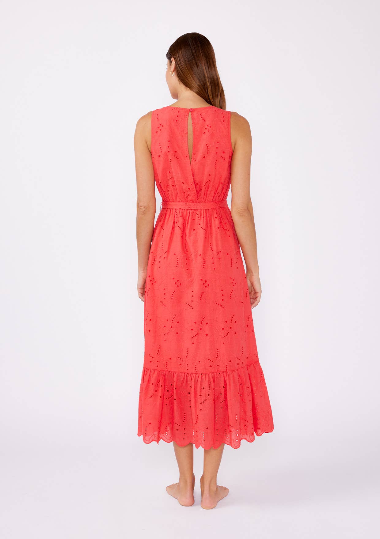Coral V-Neck Eyelet Midi Dress with Waist Belt