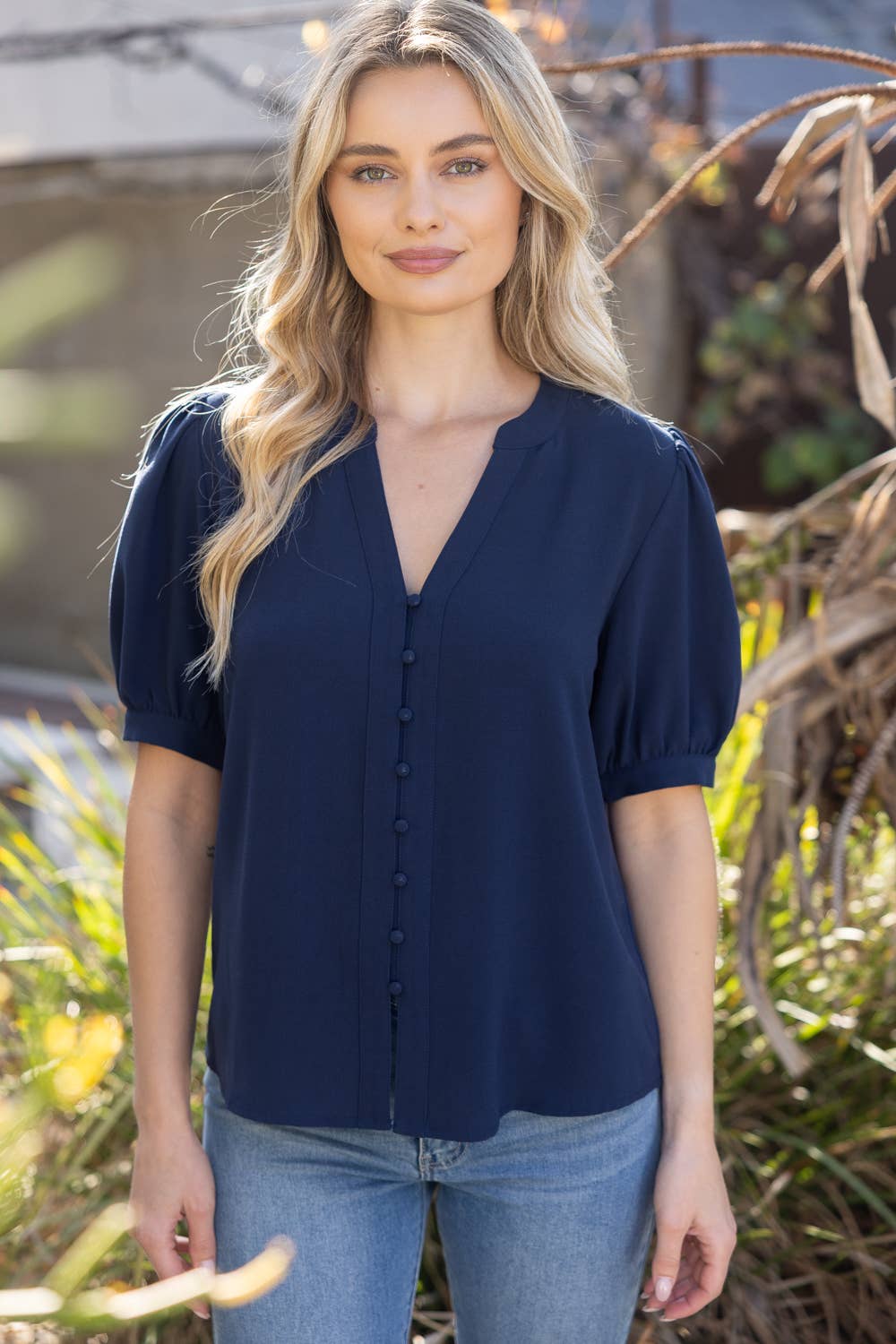 Button Down Puff Sleeve Blouse