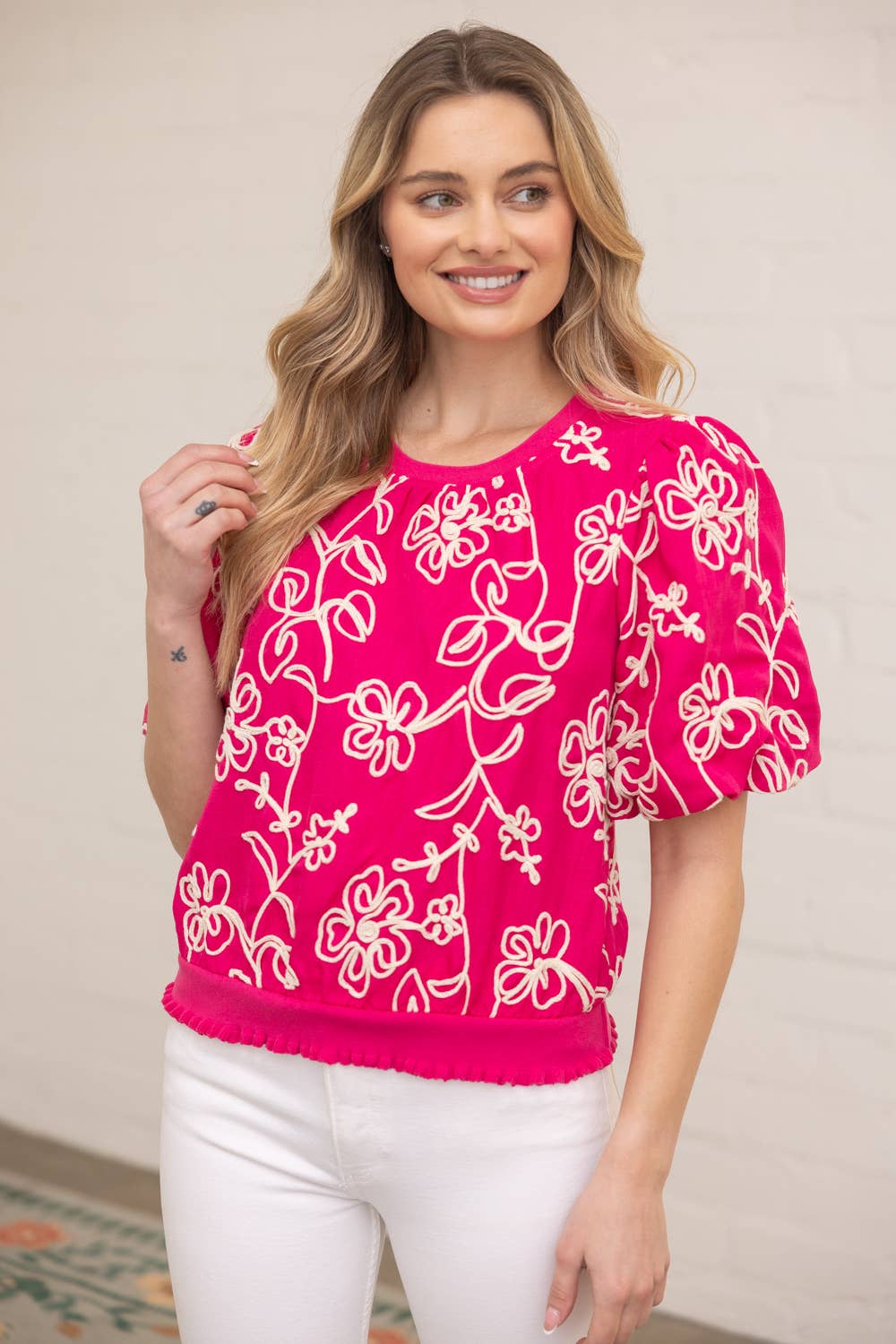 Floral Embroidered Bubble Sleeve Top