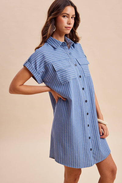 Striped Chambray Button-Down Mini Shirt Dress