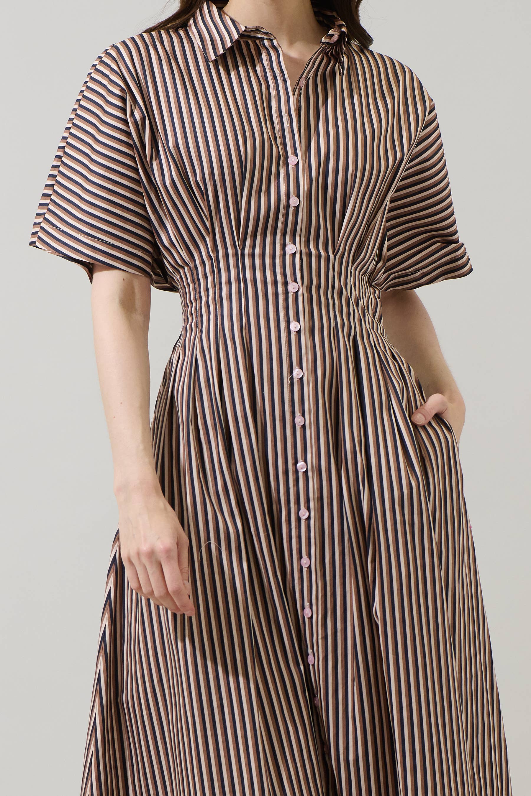Brown Multi Striped Pleated Cotton Midi Dress with Pockets