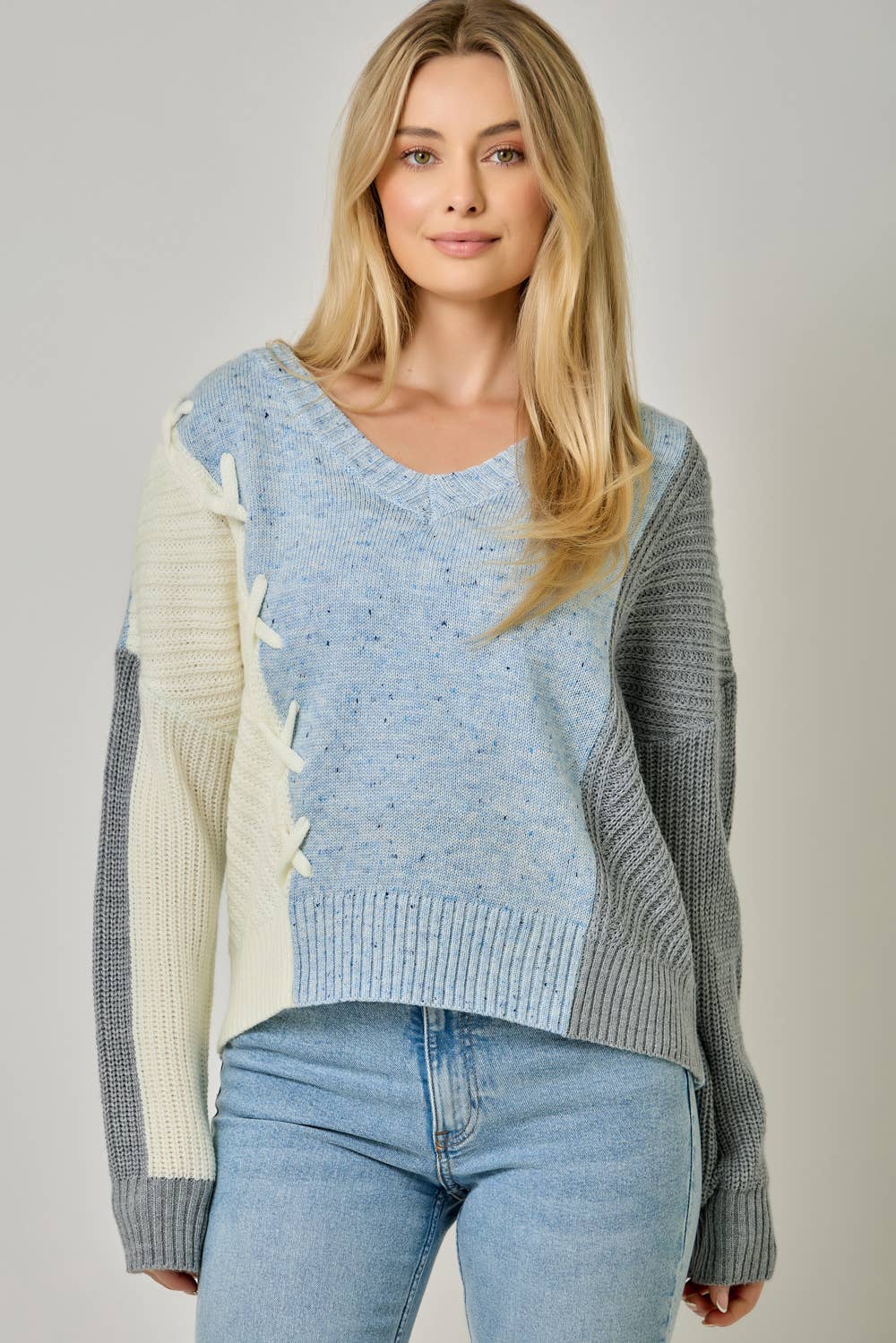 Oatmeal Color Block V-Neck Sweater