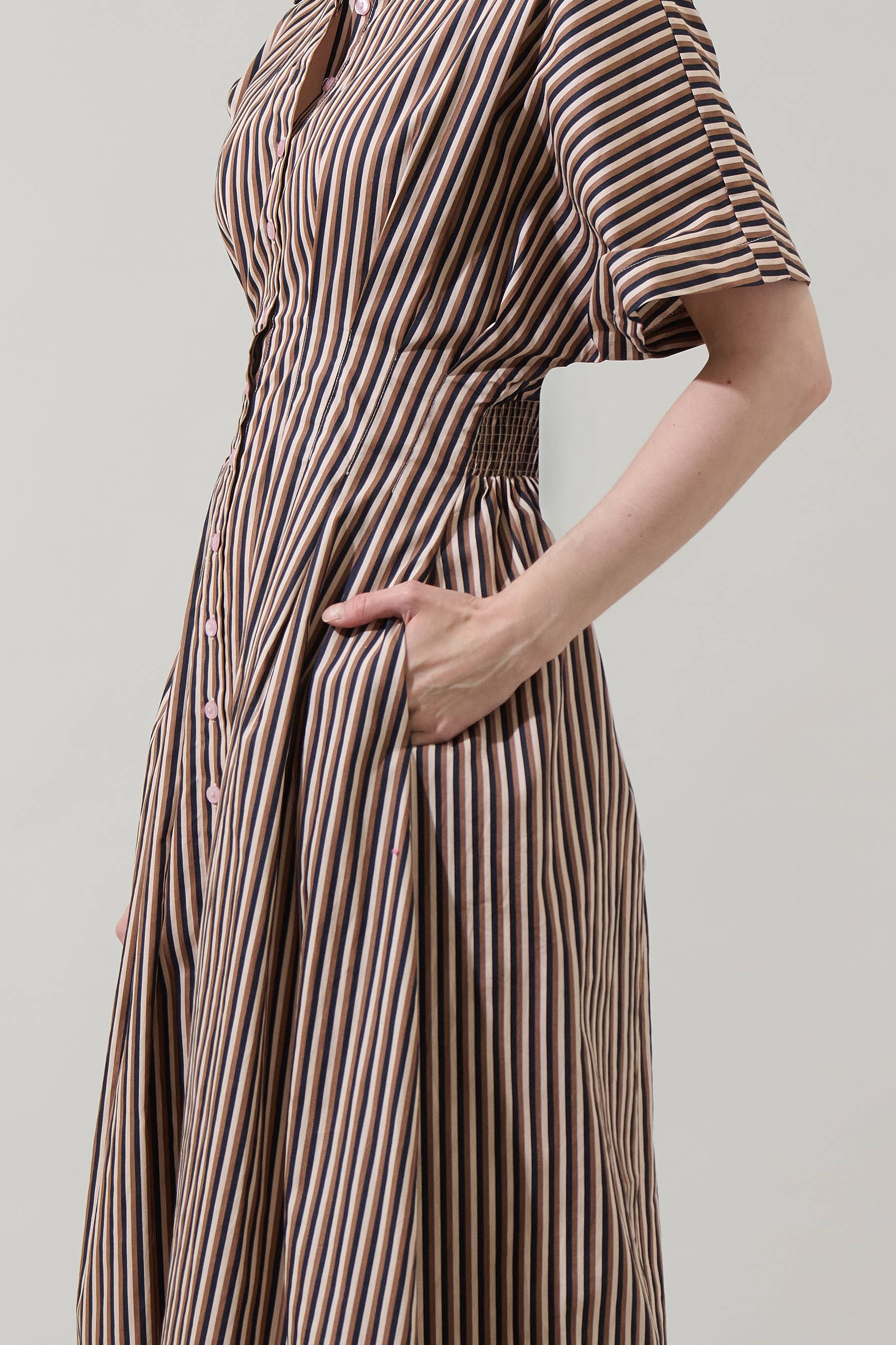 Brown Multi Striped Pleated Cotton Midi Dress with Pockets