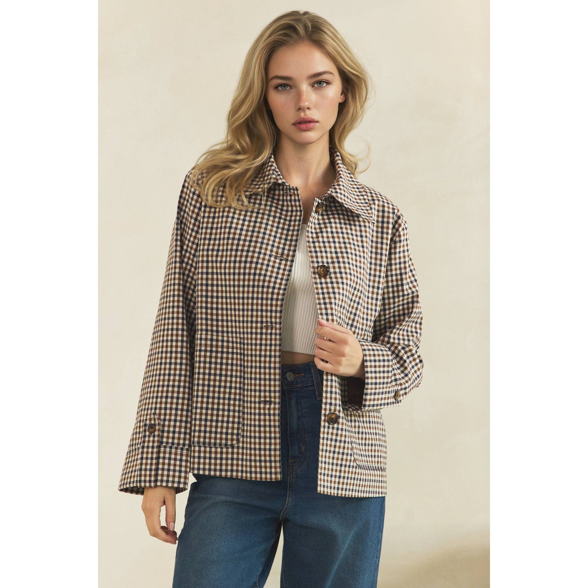 Navy Check Button-Front Jacket