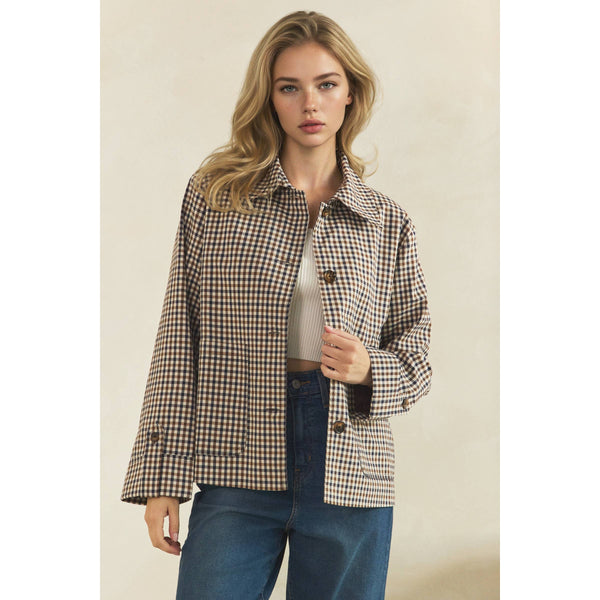Navy Check Button-Front Jacket