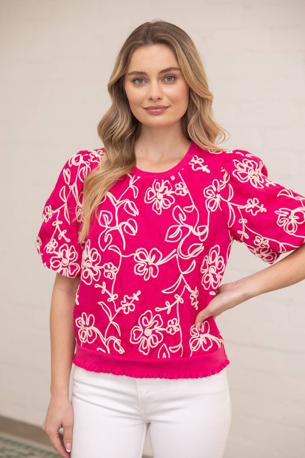 Floral Embroidered Bubble Sleeve Top