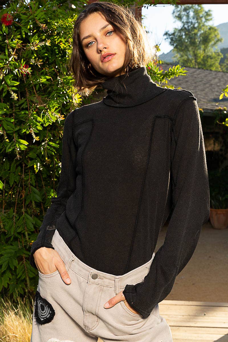 Mock Neck Exposed Seam Knit Top