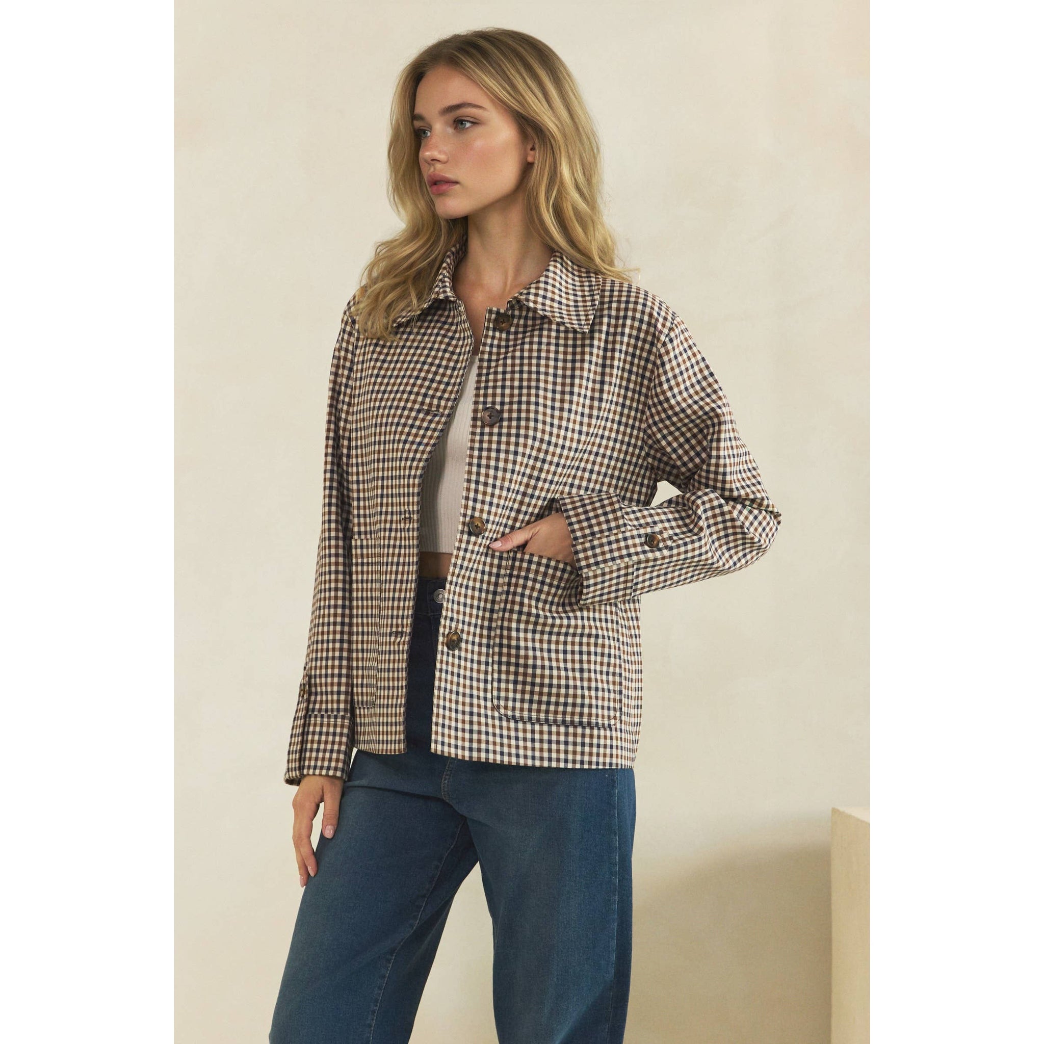 Navy Check Button-Front Jacket