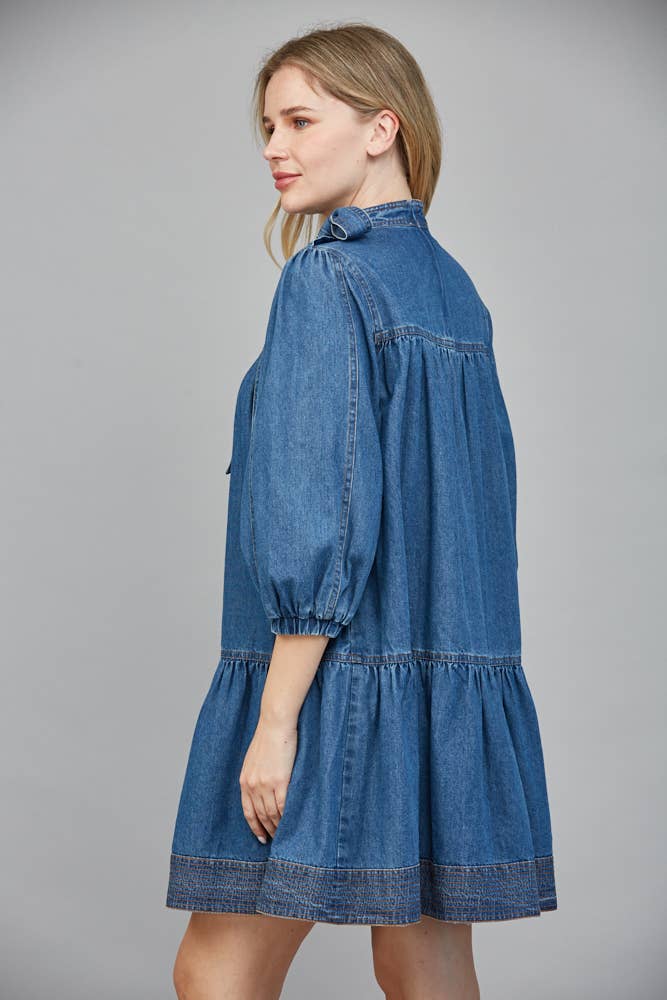 Contrasting Stitch Bow Tie Denim Dress