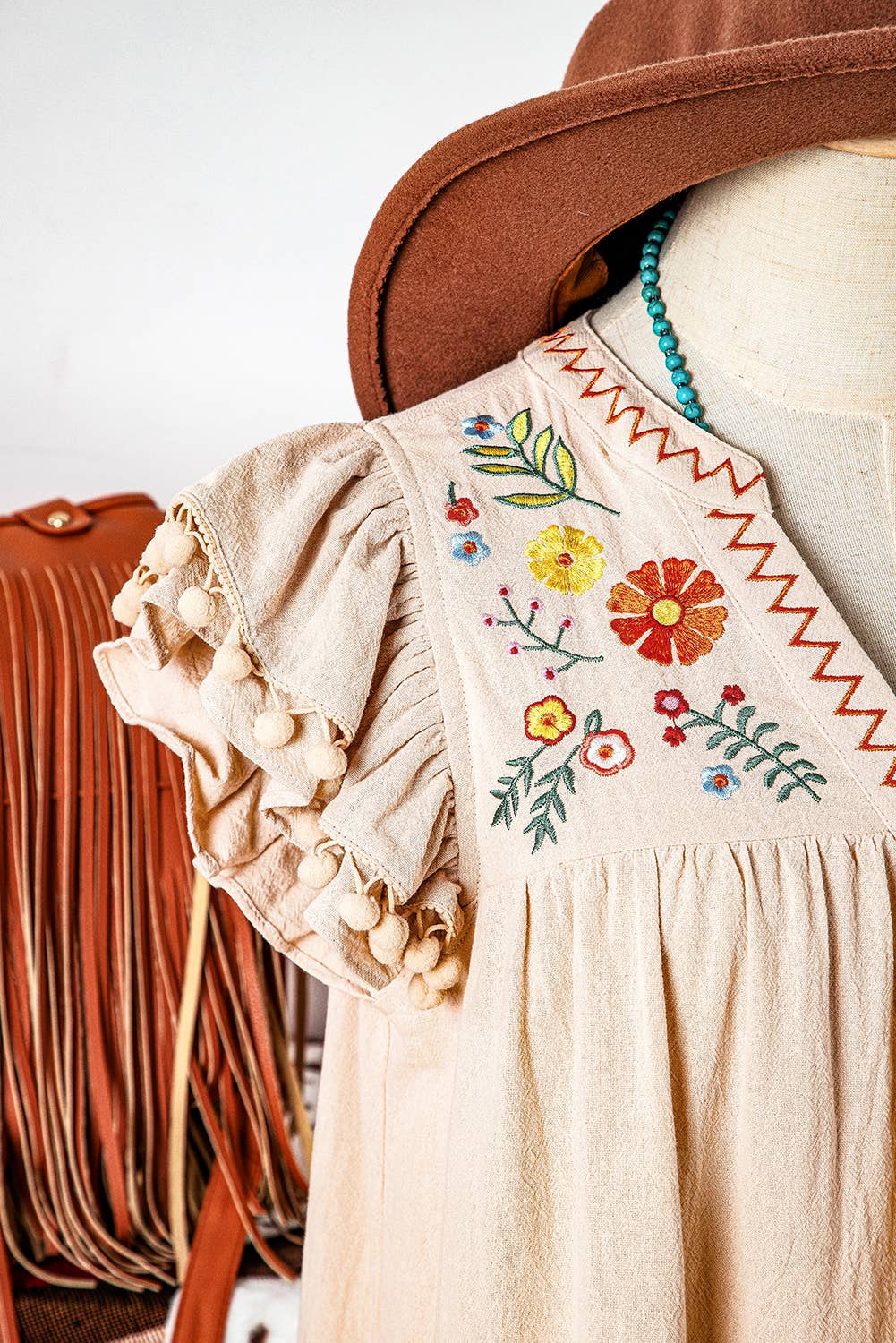 Linen Embroidery Pom Pom Ruffle Sleeves Flowy Short Dress