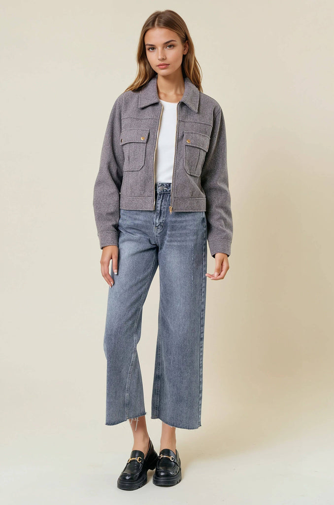 Charcoal Zip Front Utility Crop Jacket