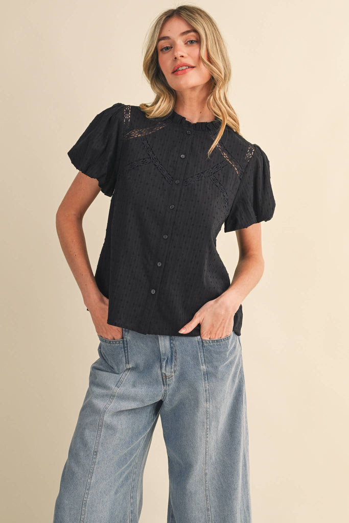 Short Sleeve Button Down Top with Lace Cut Out Trim
