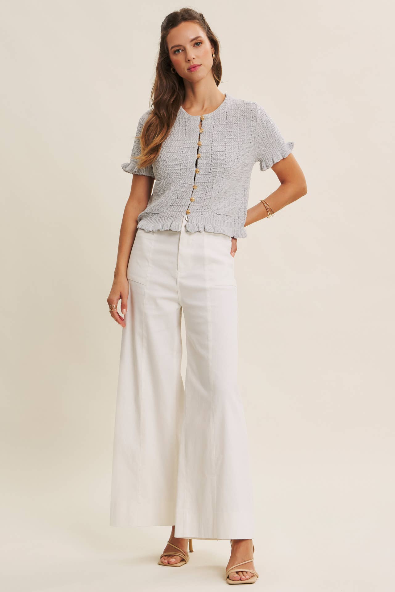 Off White Stretchy Wide Leg Ankle Length Pants