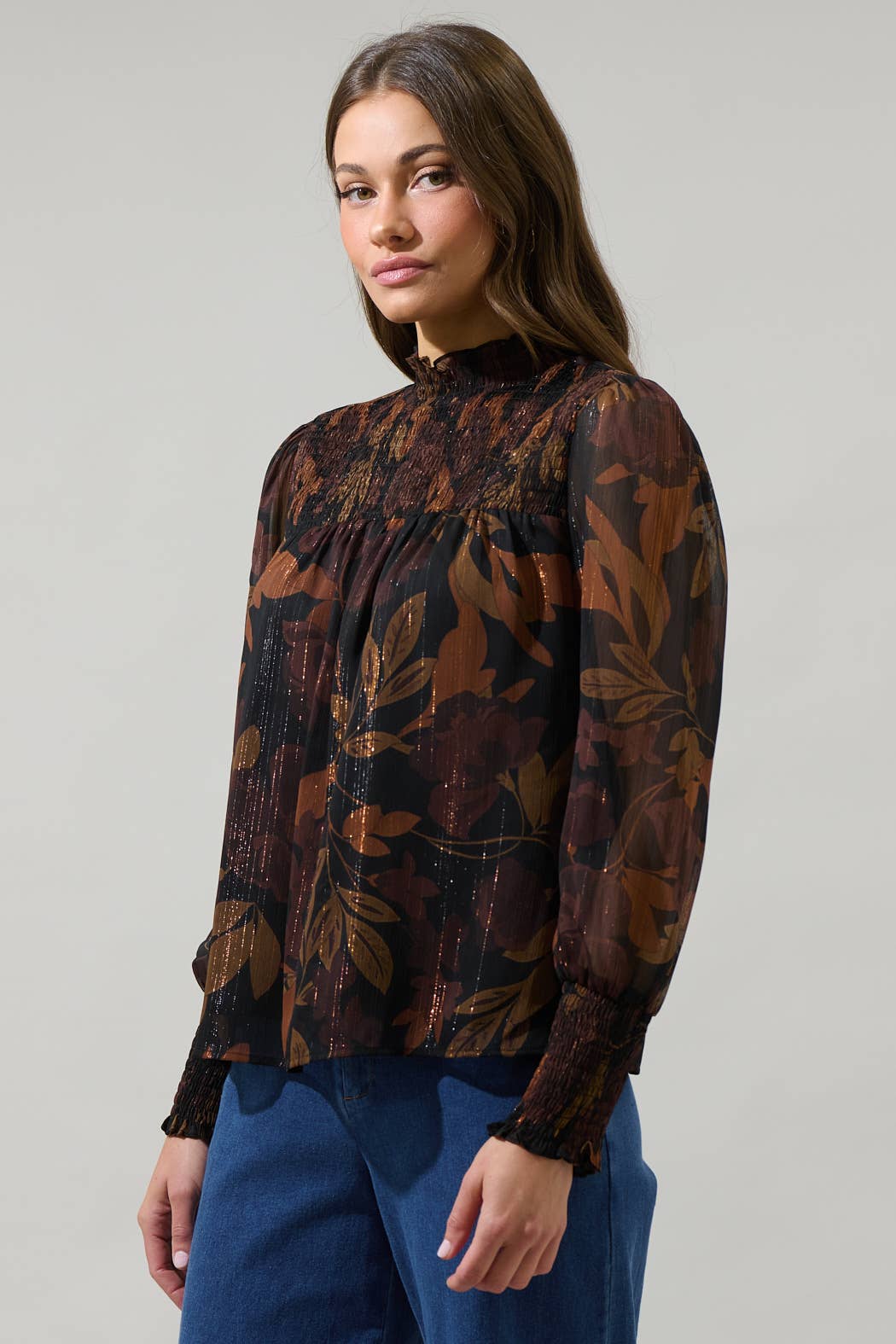 Brown Multi Floral Balloon Sleeve Top