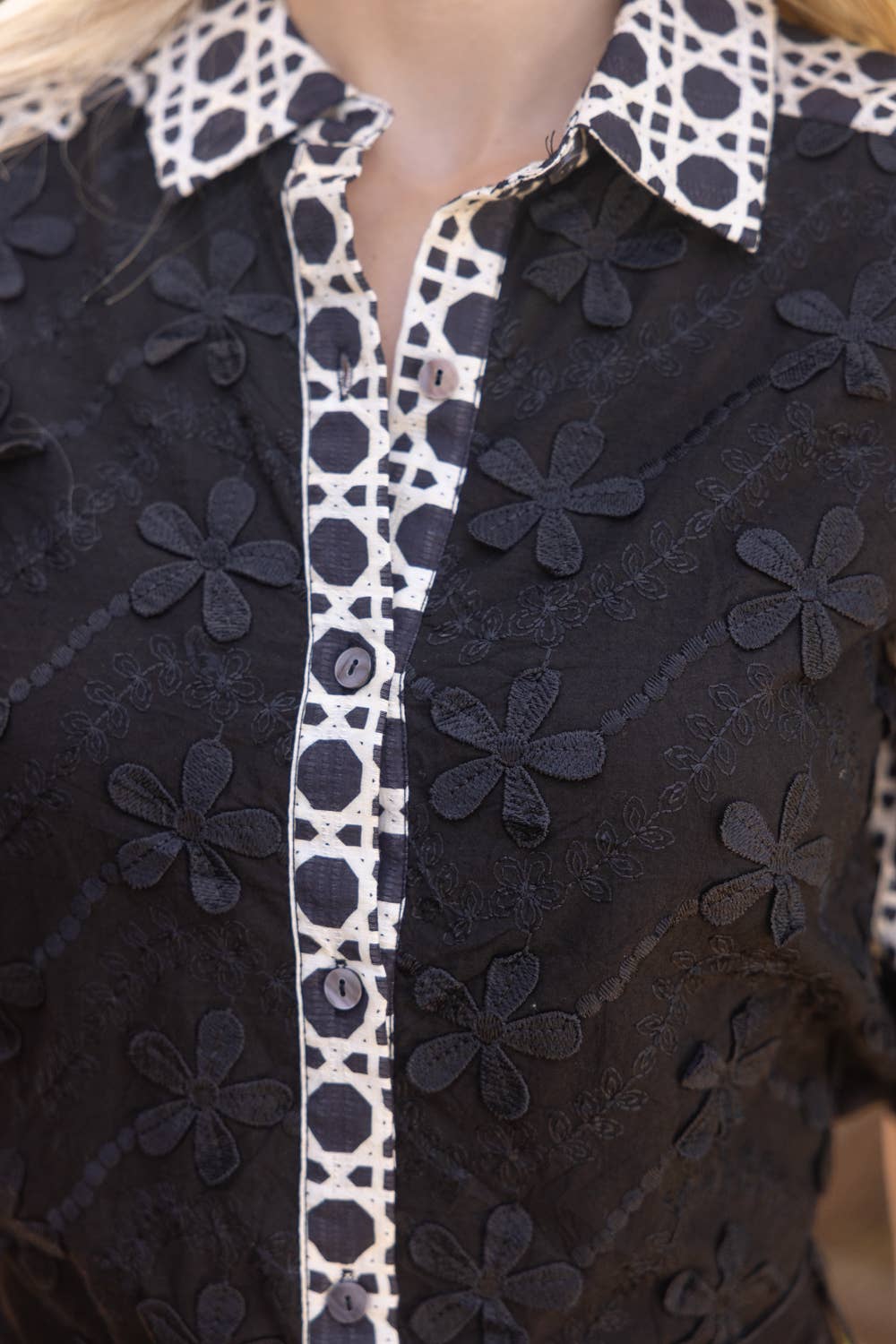 Black Textured Contrast Print Top