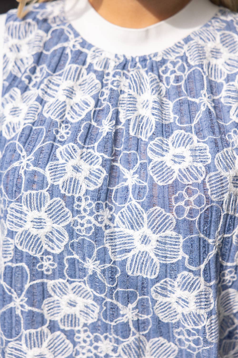 Denim Blue Floral Embroidered Ribbed Knit Top