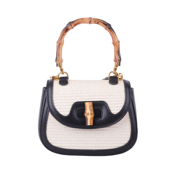 Saddle Bag with Bamboo Top Handle and Raffia Body
