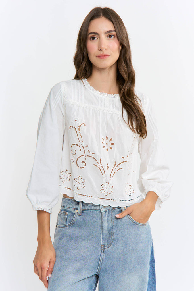 Cotton Eyelet Blouse with Floral Embroidery