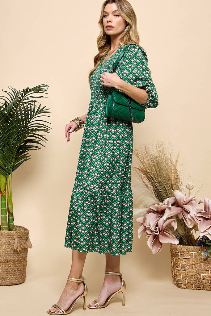 Green Print Smocked Midi Dress