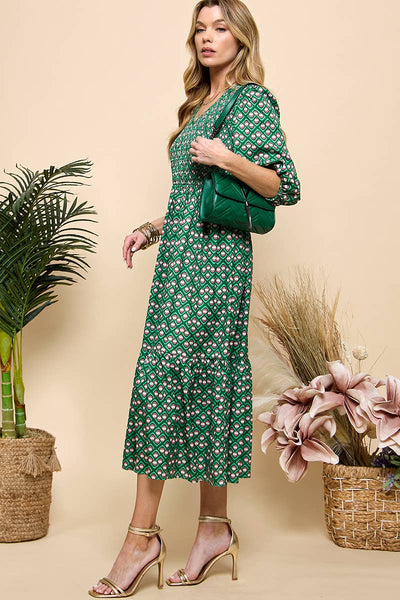 Green Print Smocked Midi Dress