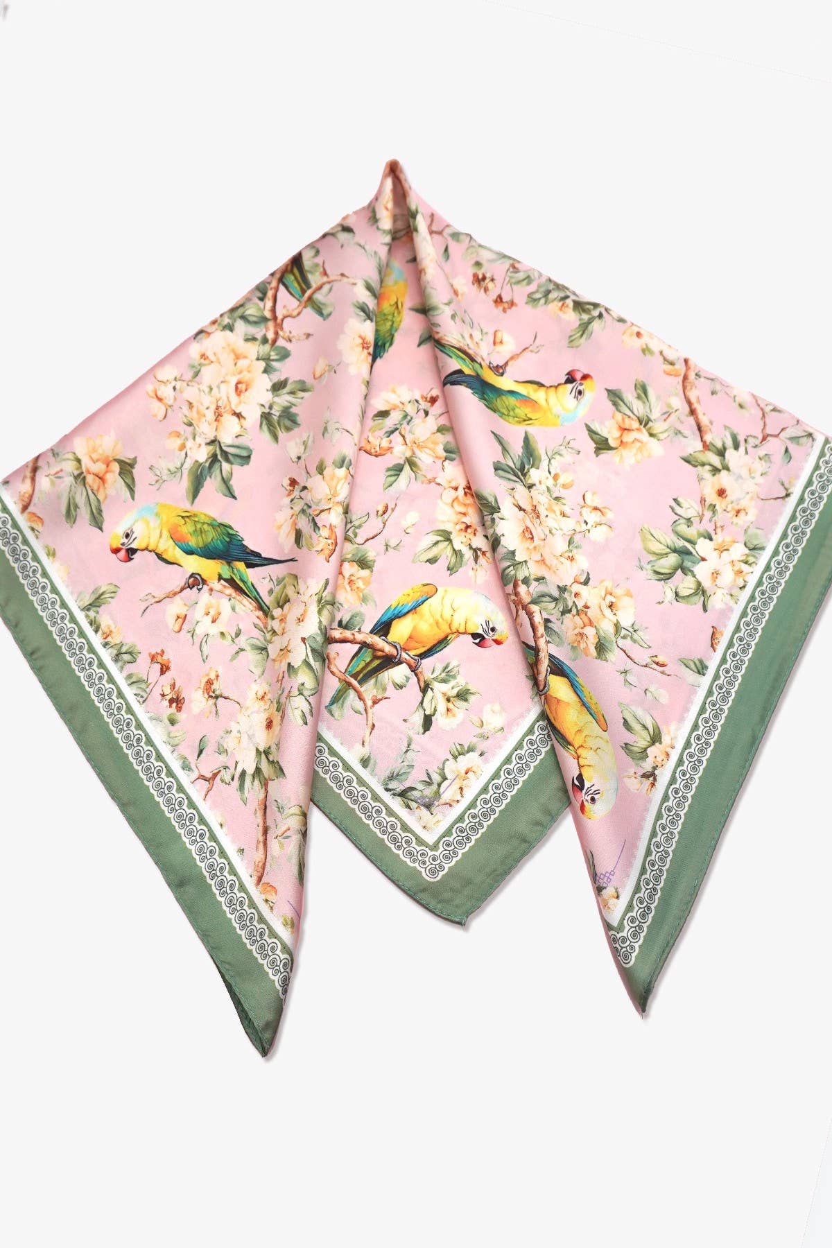 Floral Bird Print Silky Feel Bandana Scarf