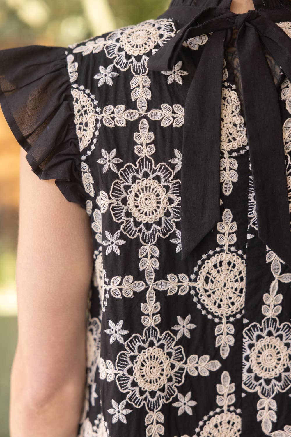 Black Embroidered Ruffle Sleeve Back Ribbon Tie Dress