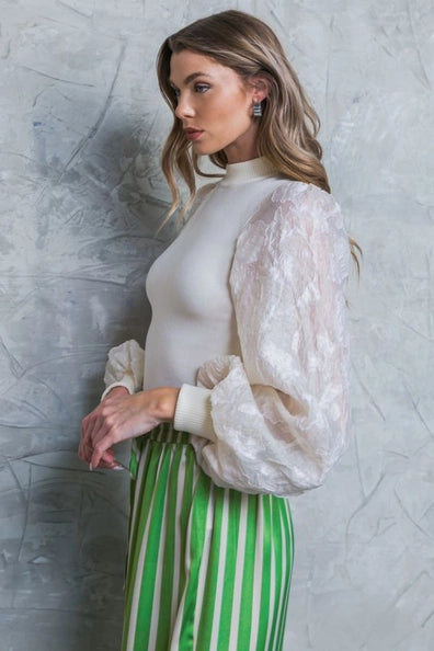 Flying Tomato Cream Sweater Top with Sheer Sleeves