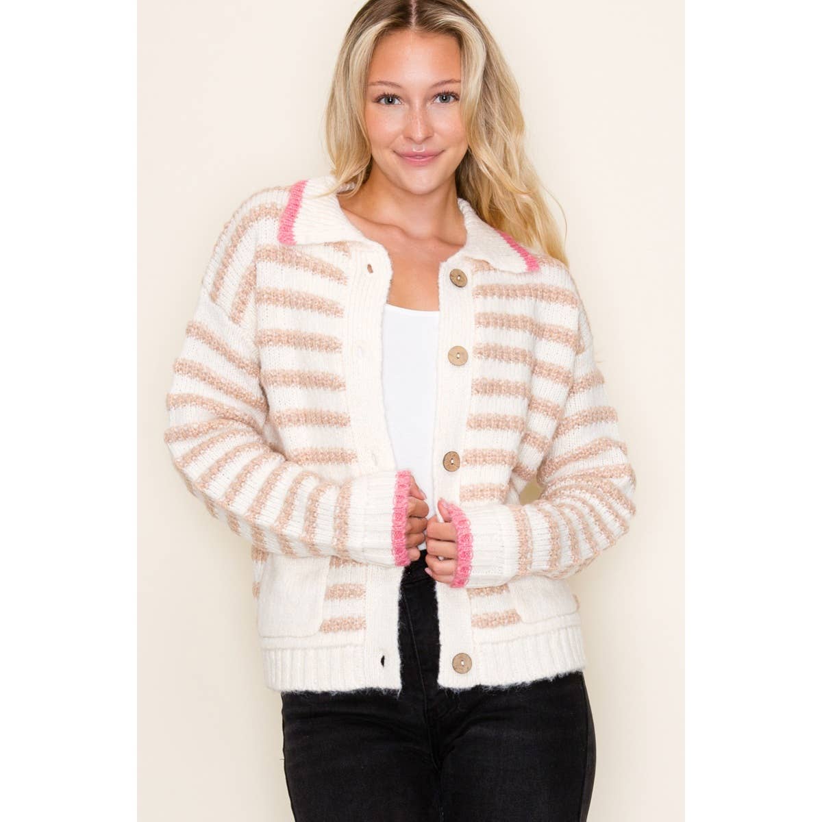 BUTTON DOWN STRIPED CARDIGAN