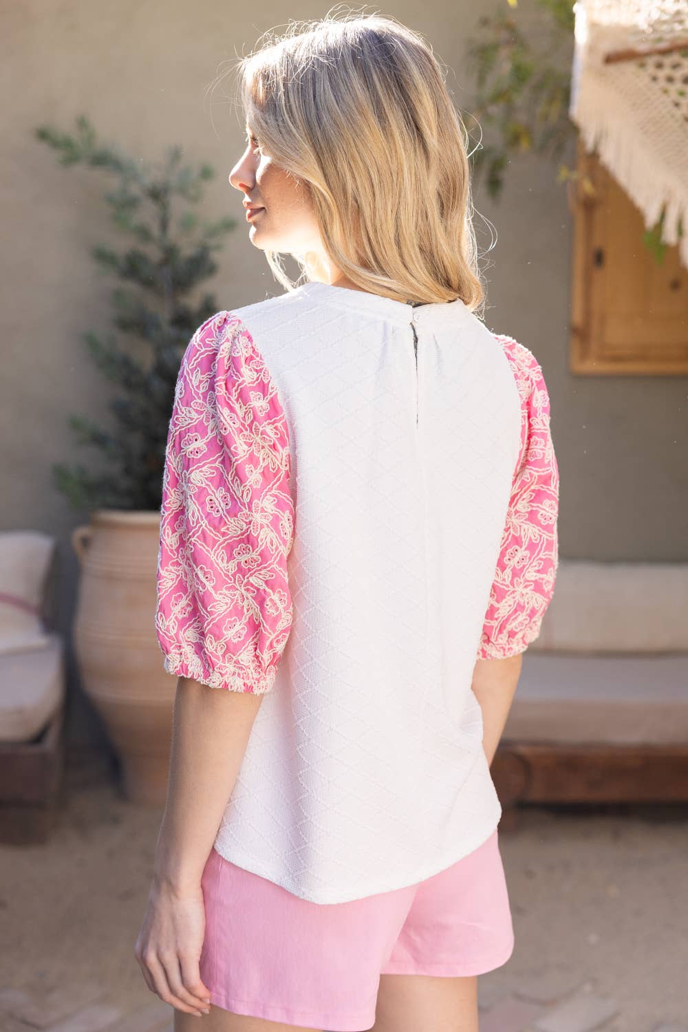 Embroidered Sleeve Textured Knit Top