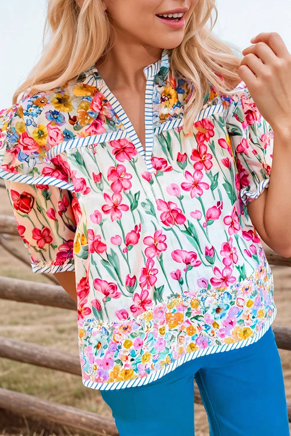 Floral Striped Detail Split Neck Short Sleeve Blouse