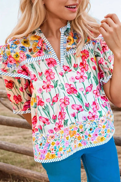 Floral Striped Detail Split Neck Short Sleeve Blouse