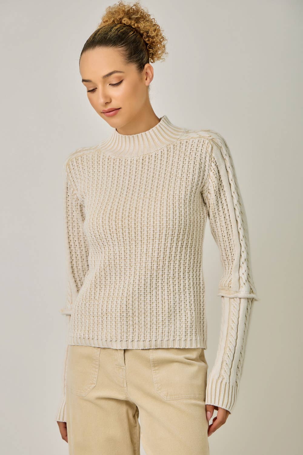 Washed Cable Knit Mock Neck Sweater