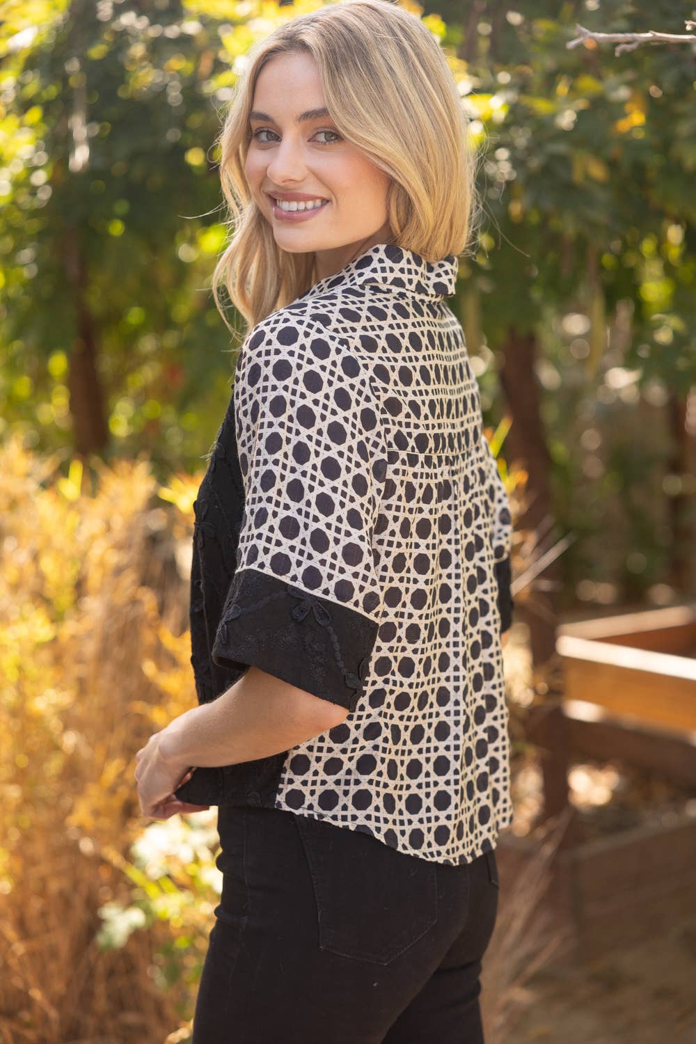Black Textured Contrast Print Top