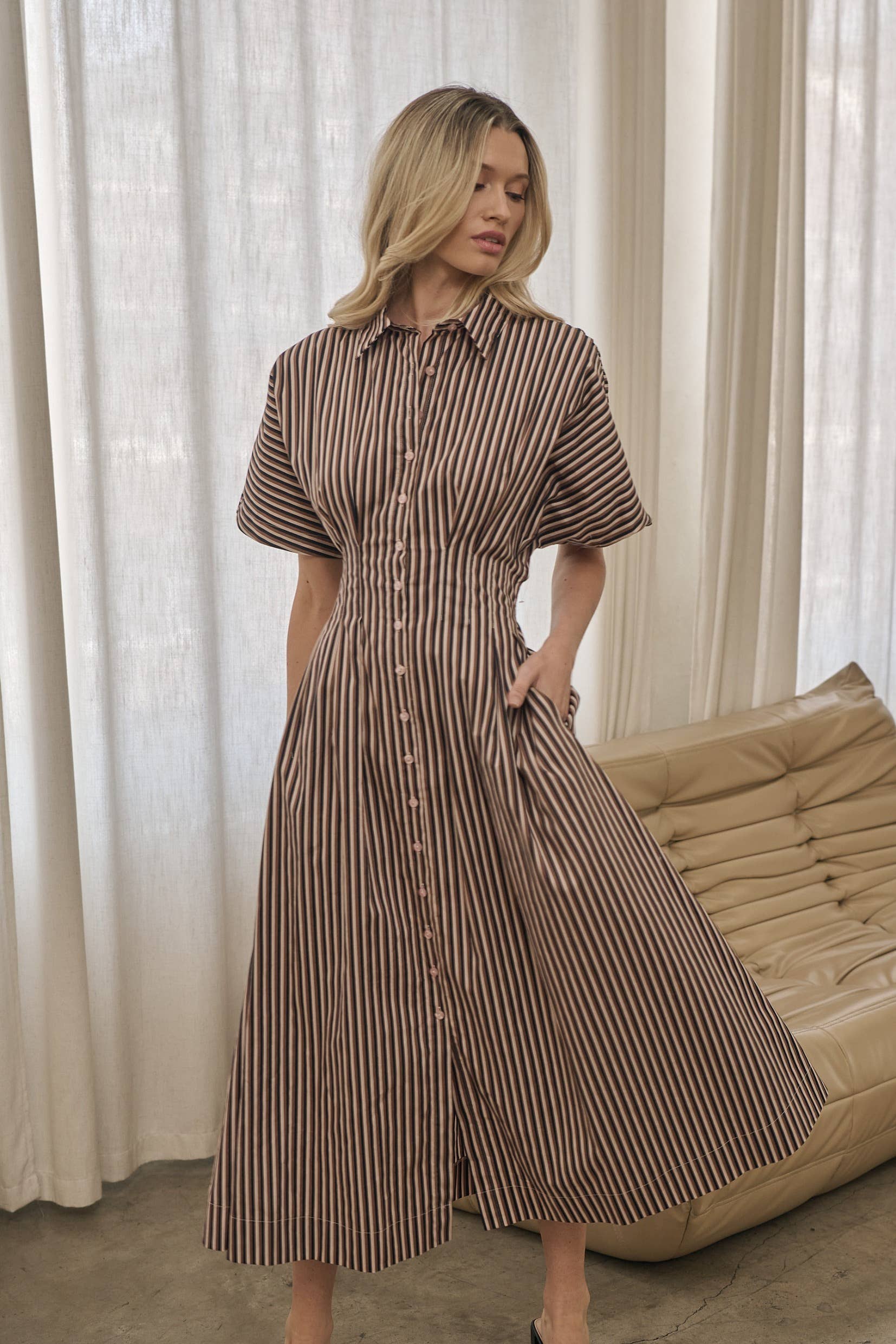 Brown Multi Striped Pleated Cotton Midi Dress with Pockets