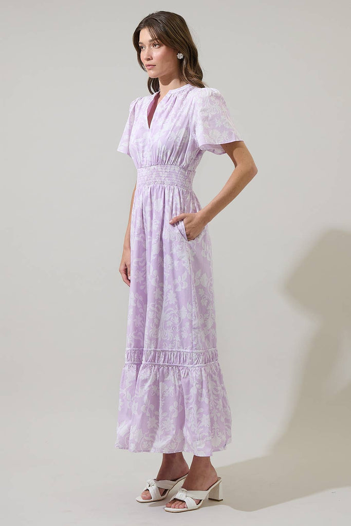 Lavender White Floral Smocked Maxi Dress