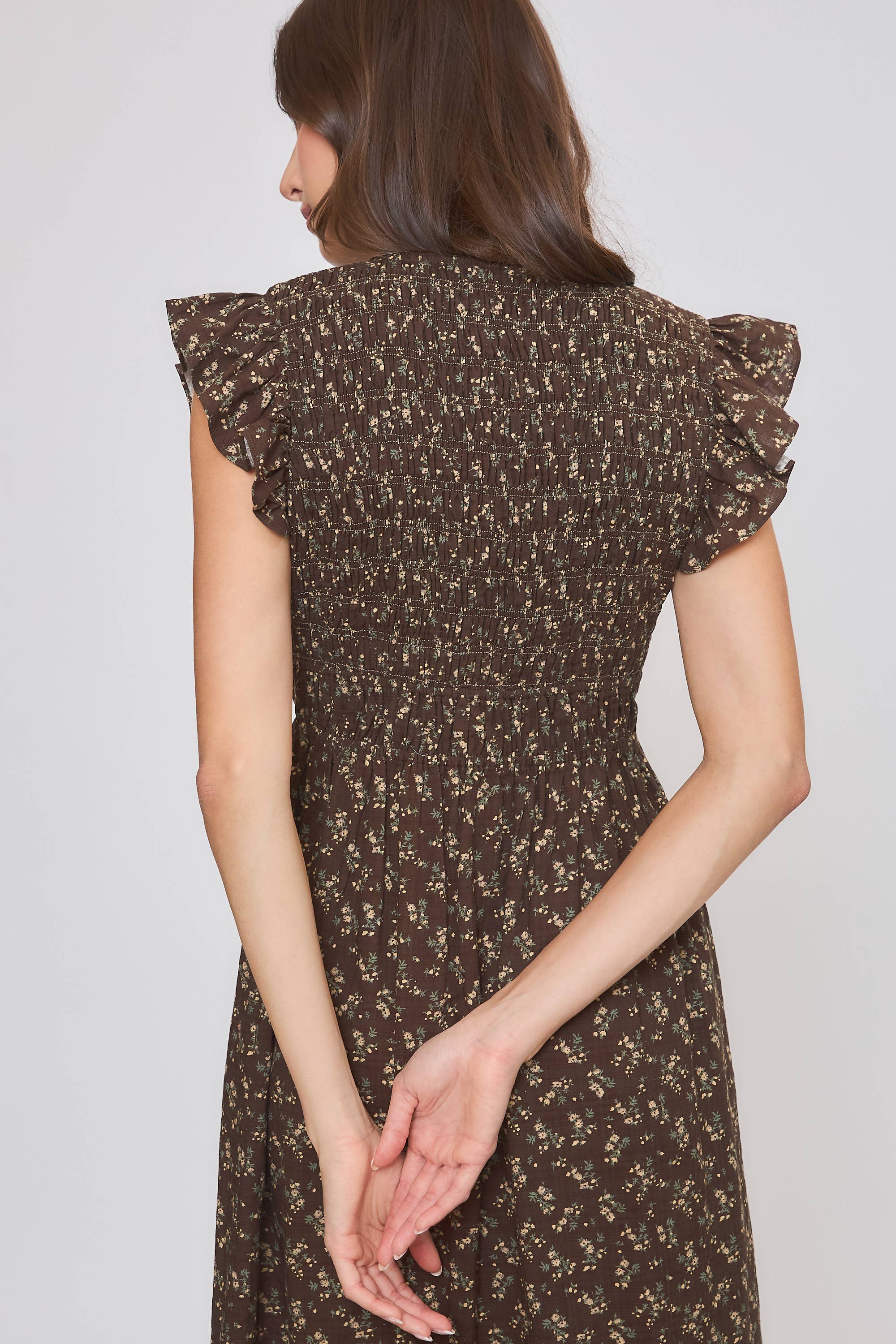 Floral Button-Front Ruffle Sleeves Midi Dress