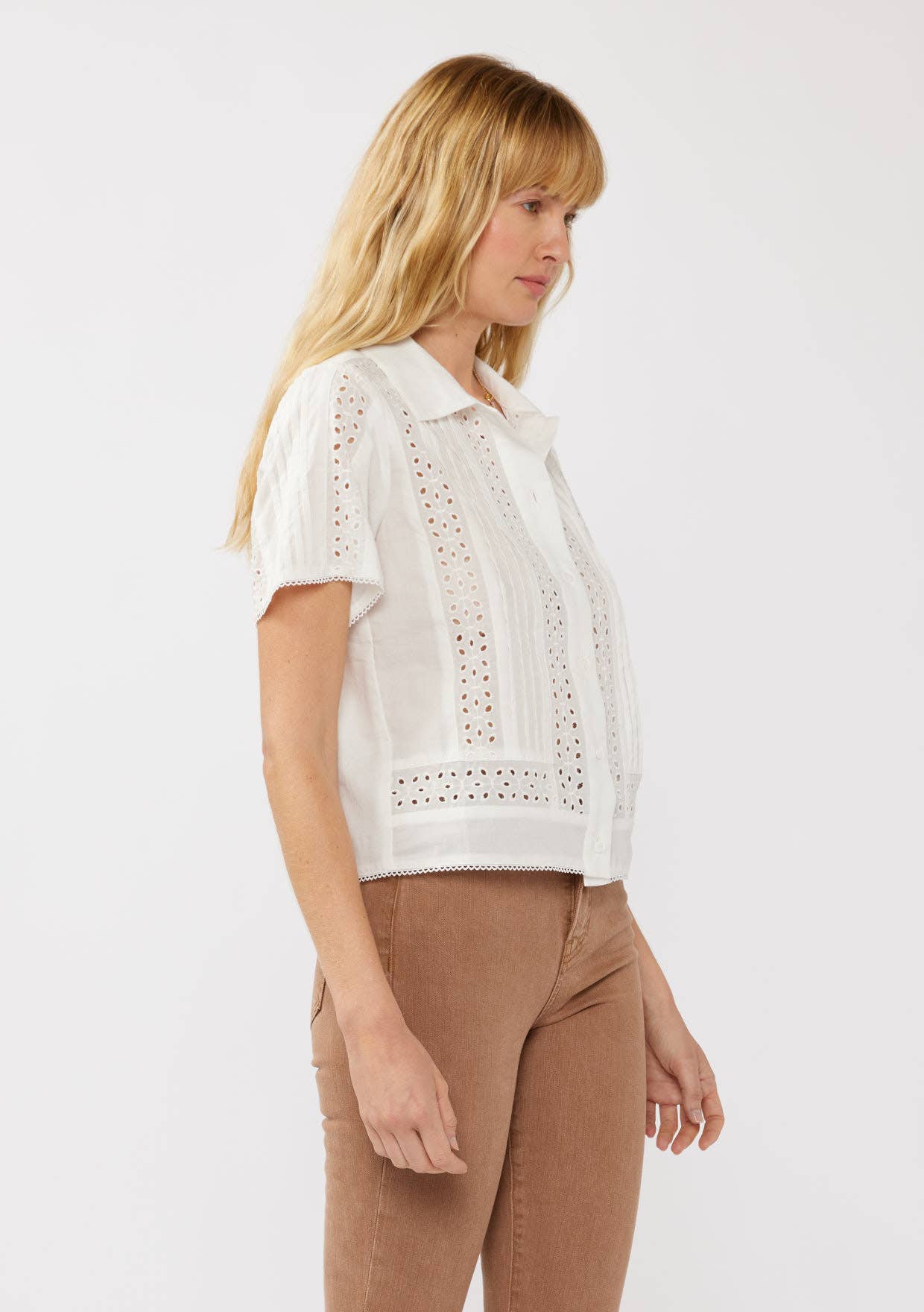 White Floral Eyelet Lace-Trim Cotton Shirt