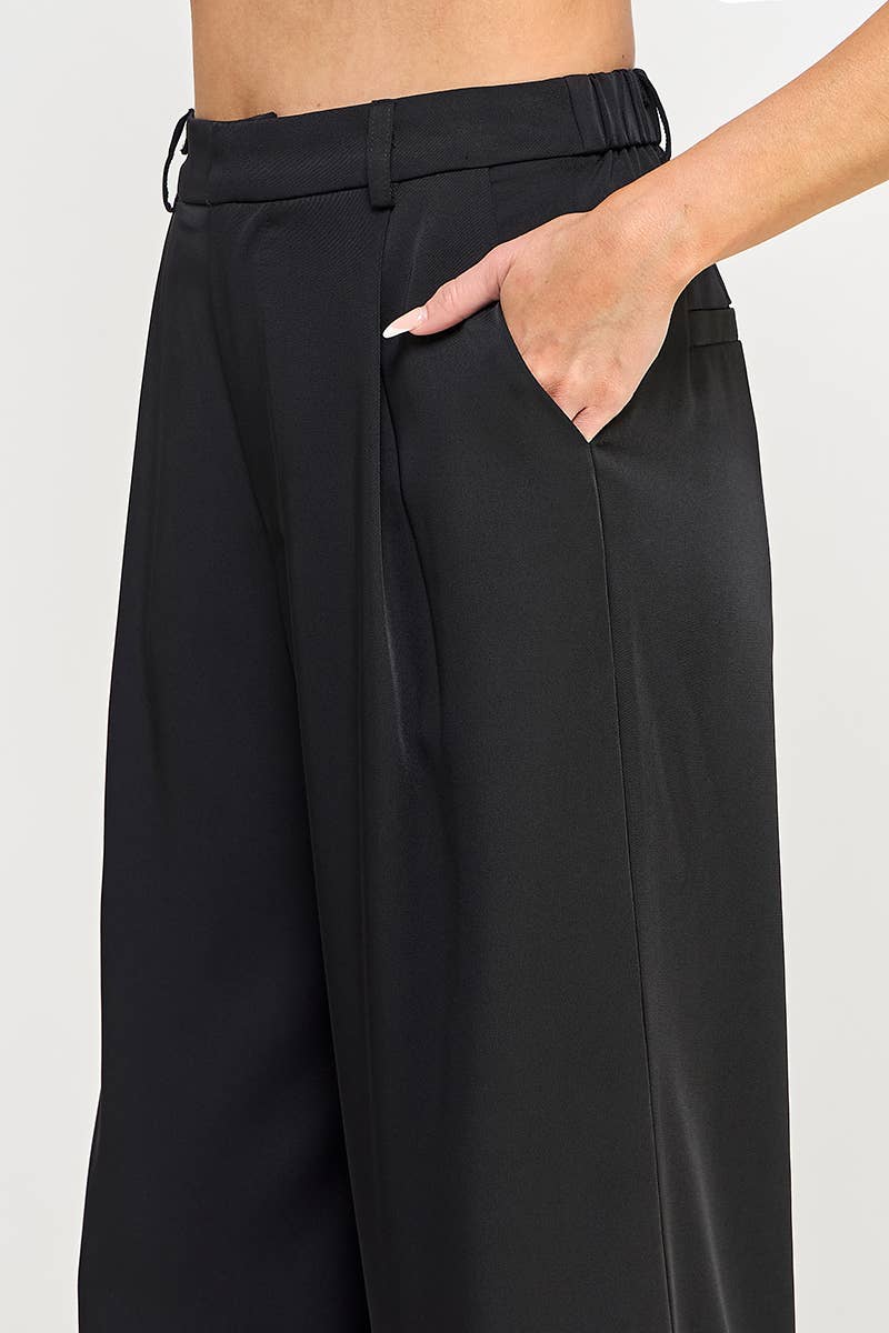 Black Pleat Front Wide Leg Twill Trouser Pant