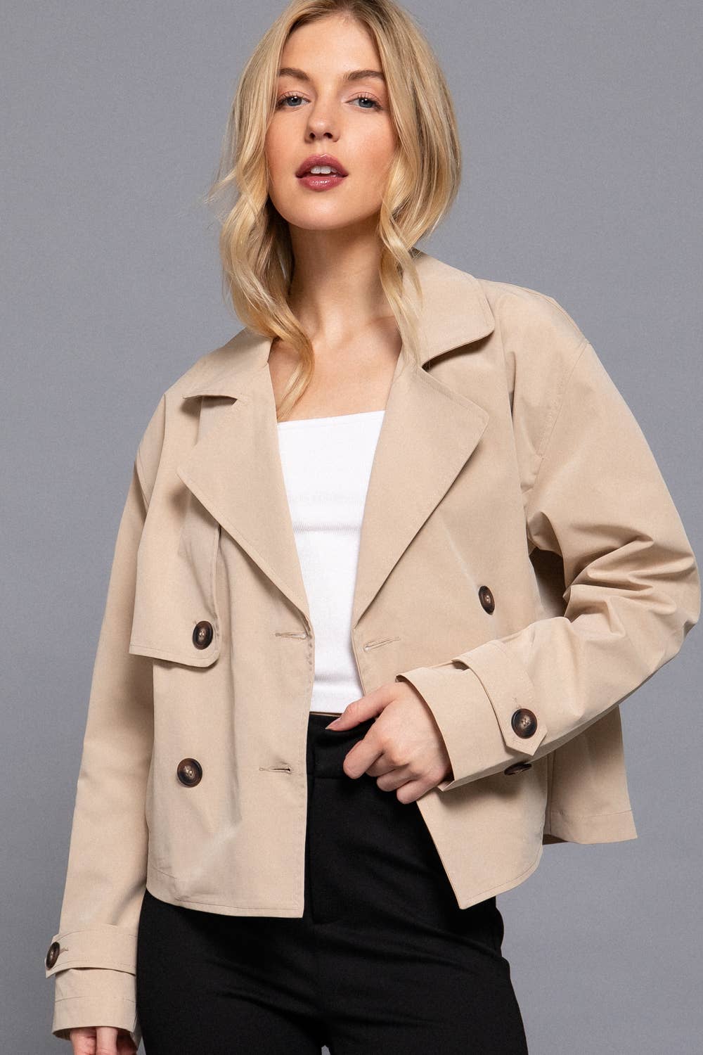 Tan Double Breasted Short Trench Jacket