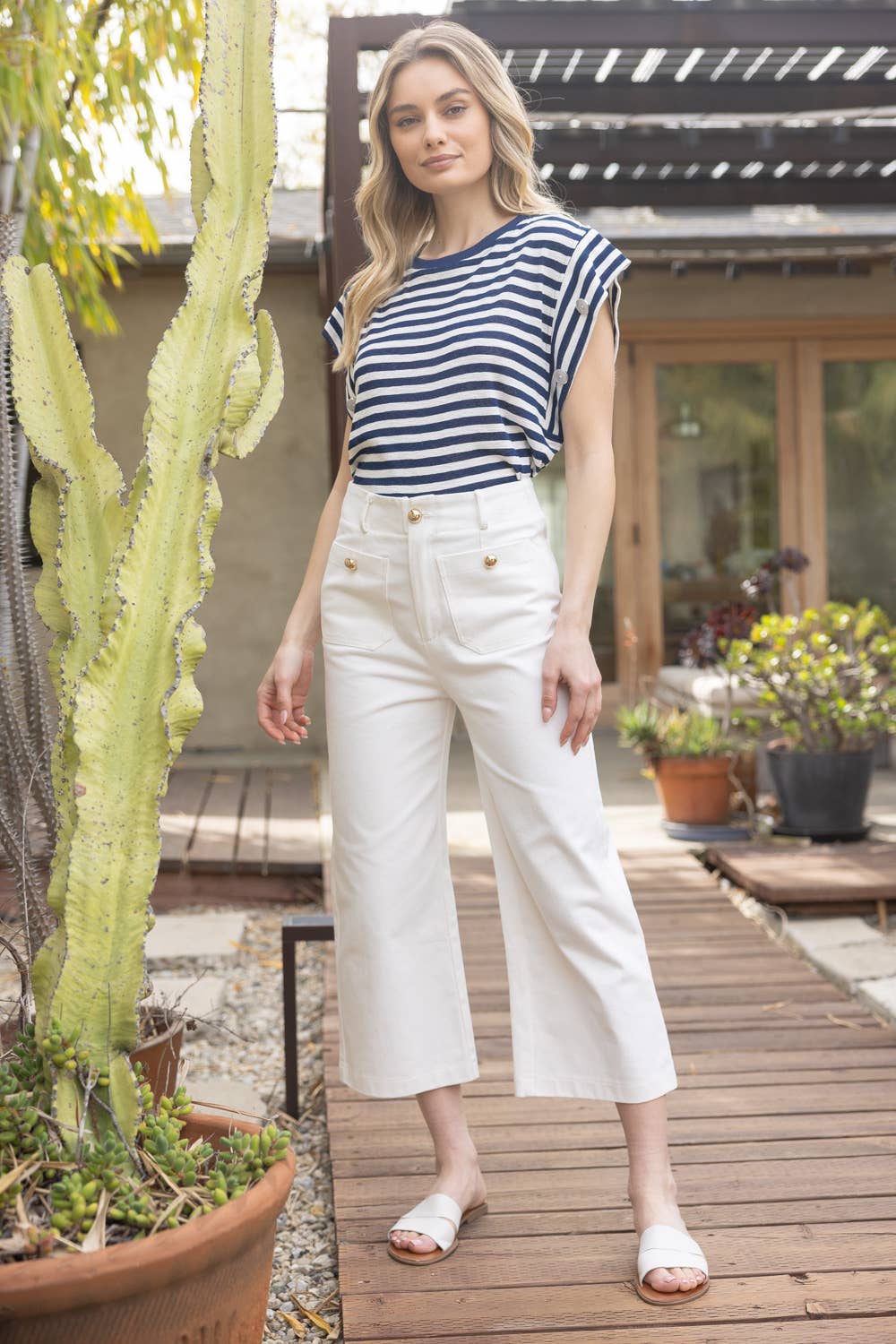 Cream Denim Wide Leg Jeans