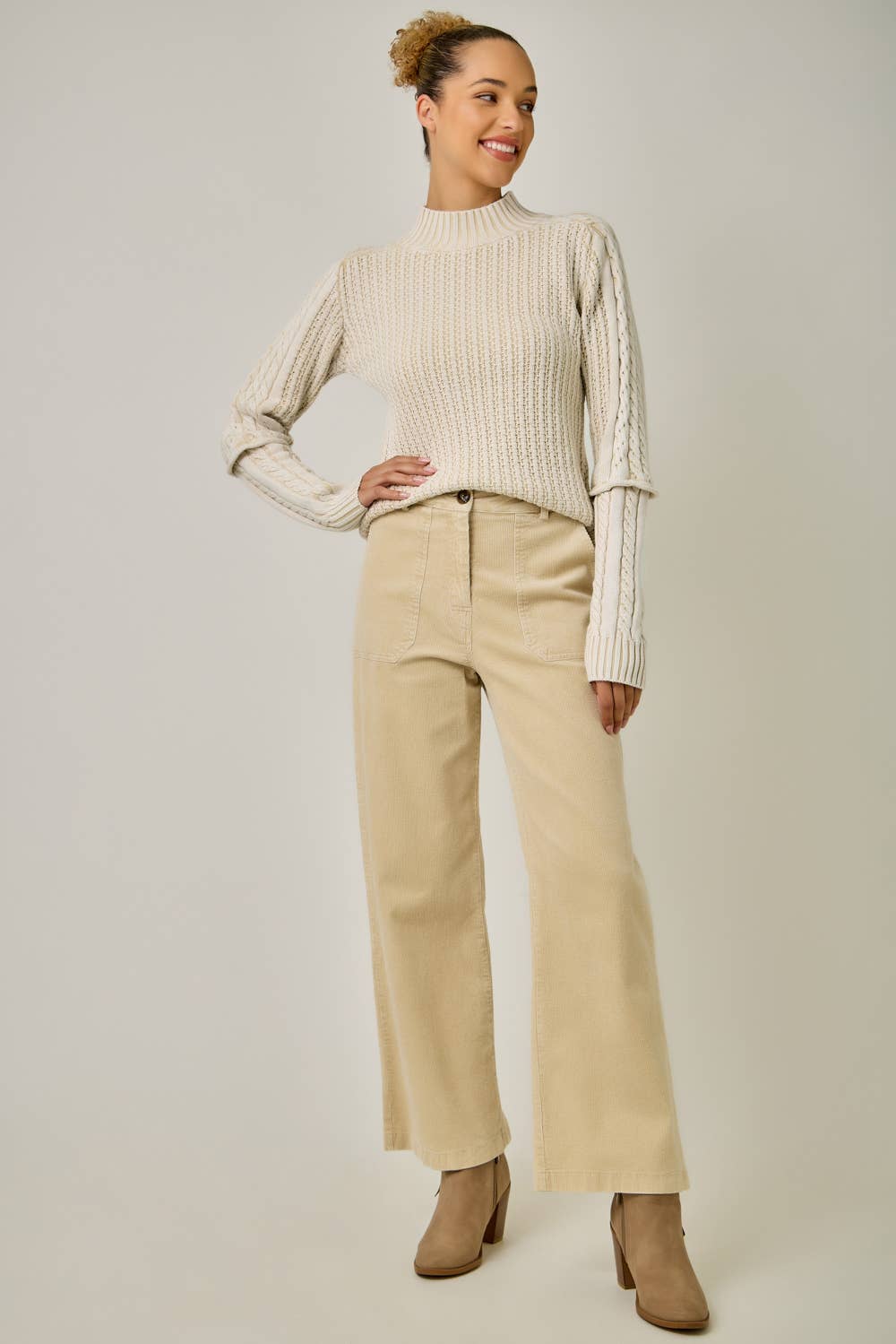 Washed Cable Knit Mock Neck Sweater